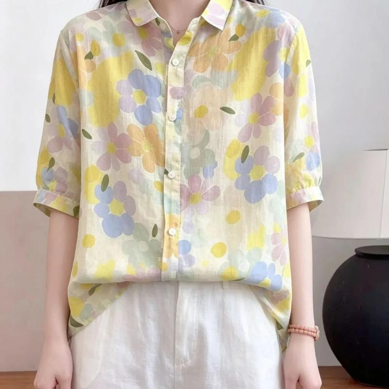 Women S Loose Floral Printed Cotton Mid Sleeve Blouse For Vacation