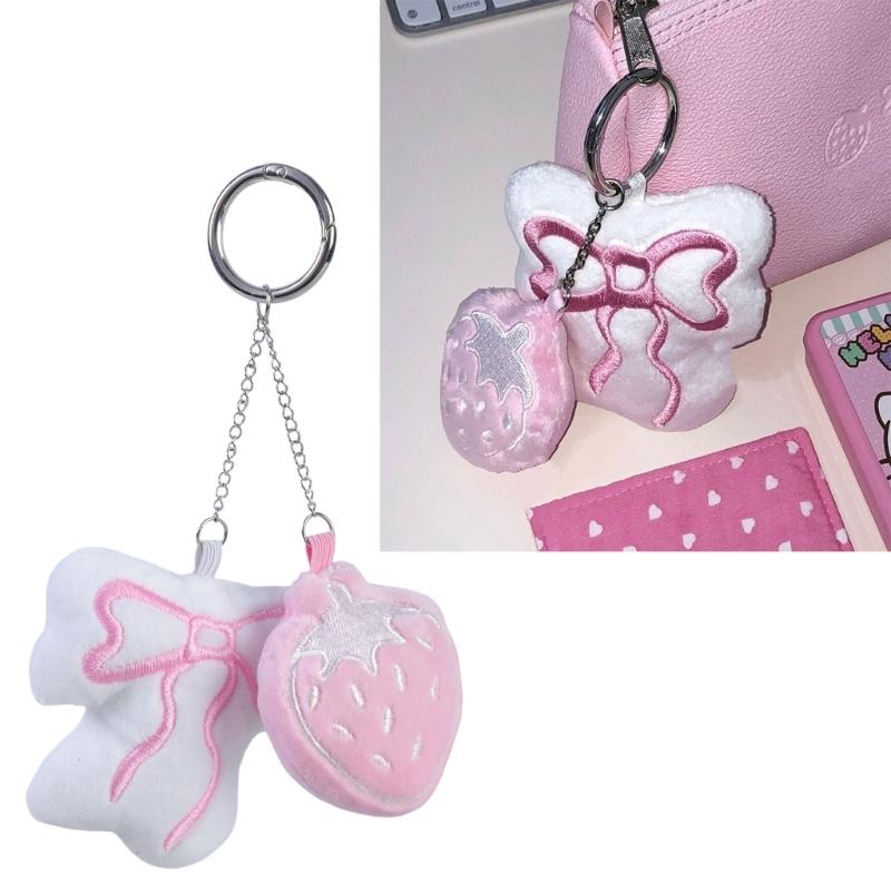 Sweet Plush Strawberry Bowknot Keychain Pendant Fashion Lovely Hangings Ornament Keyring Backpack Decoration Charm