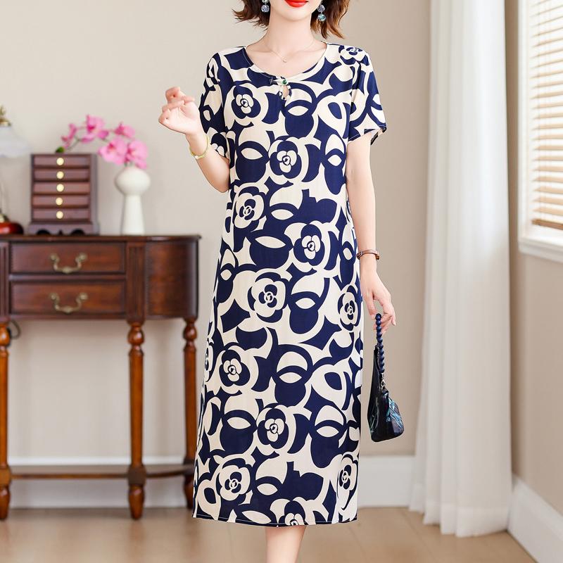 Elegant Long Dresses for Women Plus Size Loose Short Sleeve Vintage Dress Summer Middle-aged Women's Clothing