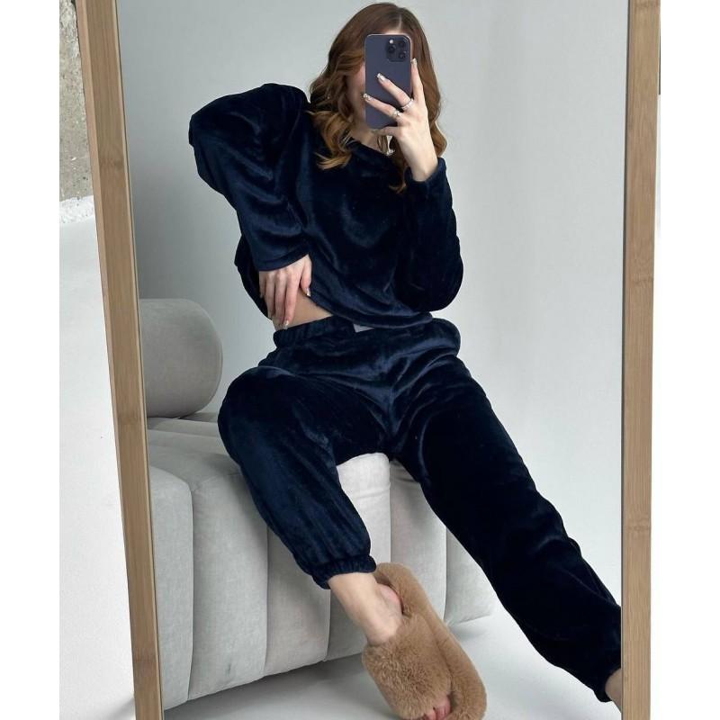 

Ins Style Women s Clothing Hit Pure Color Thick Velvet Warm Long-sleeved Top Trouser Set L