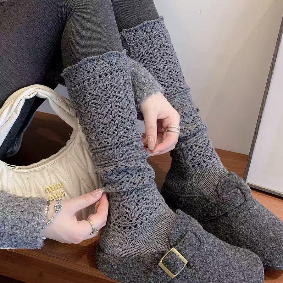 Grey Wool Ballet Style Calf Socks Over the Knee Openwork Retro Korean Scrunch for Women