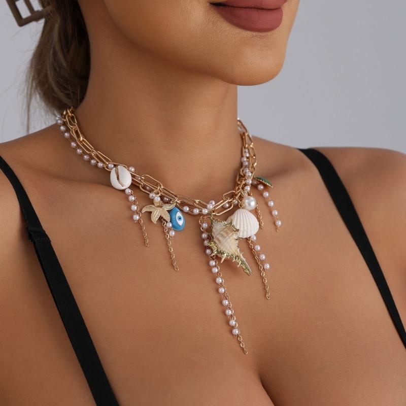Trendy Ocean Inspired Tassels Shell Pendant Necklace Lightweight Alloy Layering Chain Casual Beach Neck Jewelry