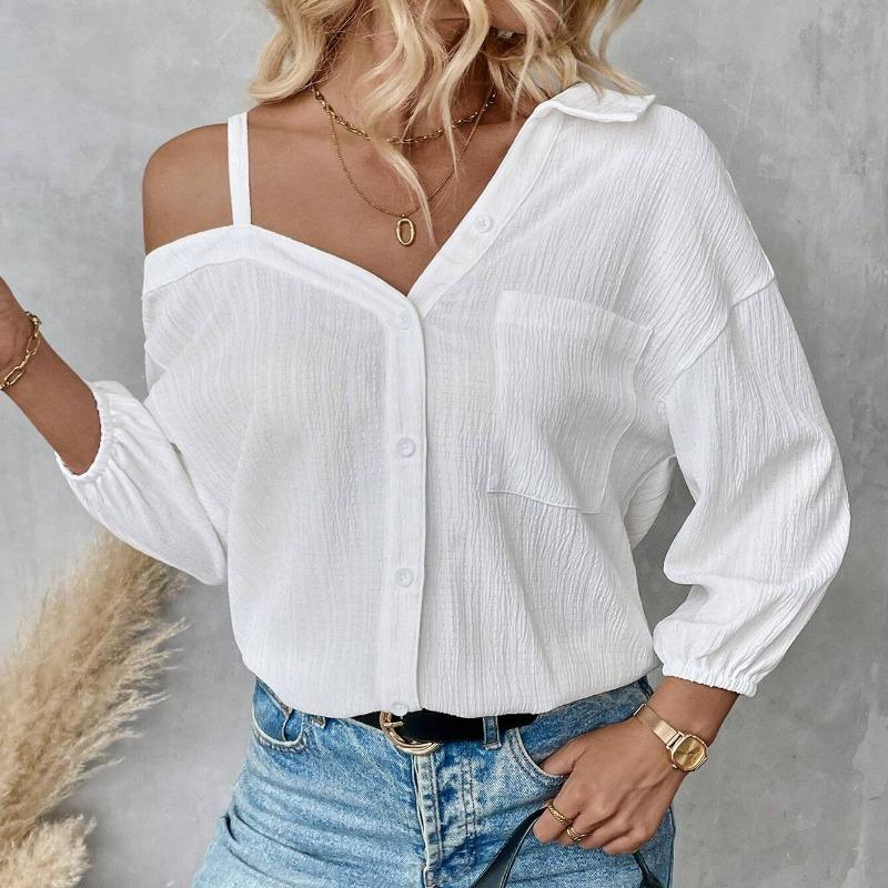 Summer Long Sleeve Off Shoulder Casual Loose Blouses Women Elegant Single Breasted Chic Strap Women's Shirts Tops Solid Simple Fashion Blouse 26500