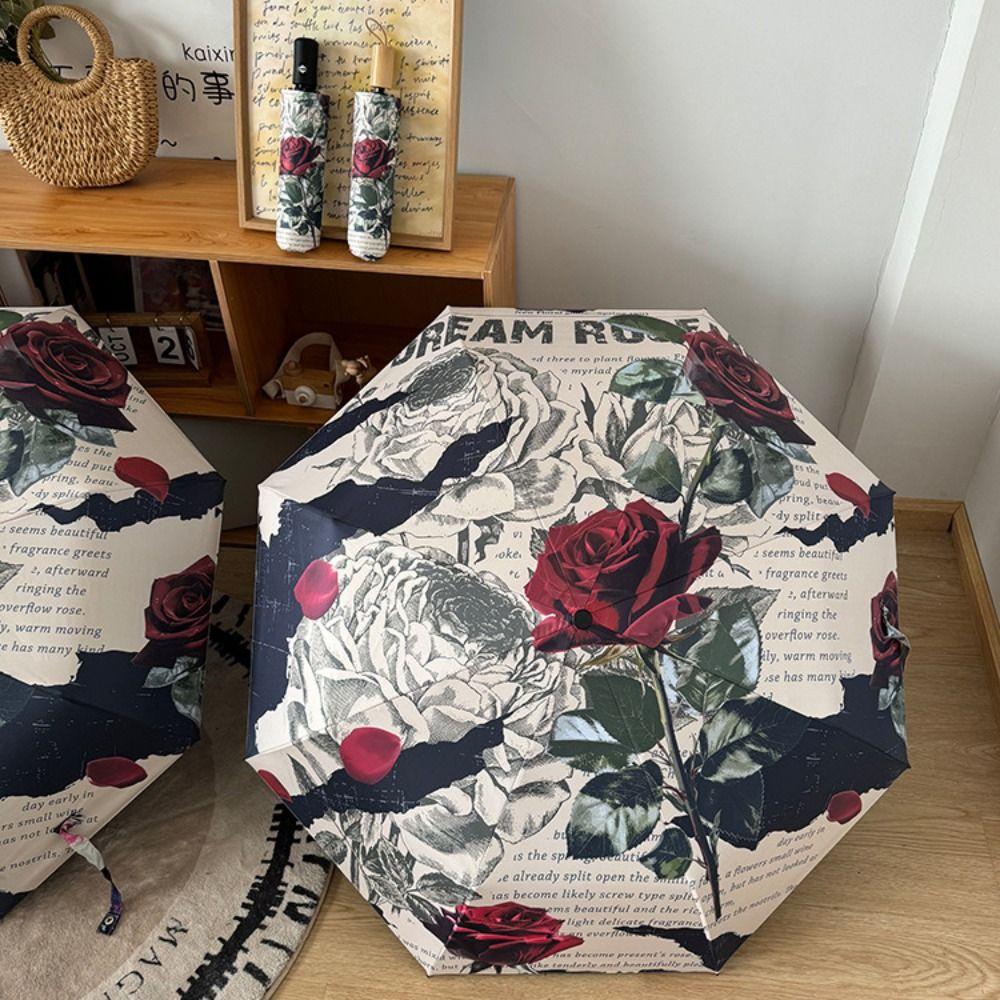 Rose Pattern Folding Umbrella Reinforced Frame UV Protection Umbrella Automatic Umbrella  Sunny
