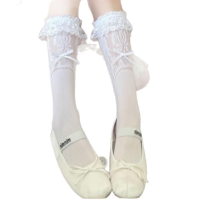 Ballet style socks cream lace girl bow short tube socks ribbon gentle sweet cute JK calf socks