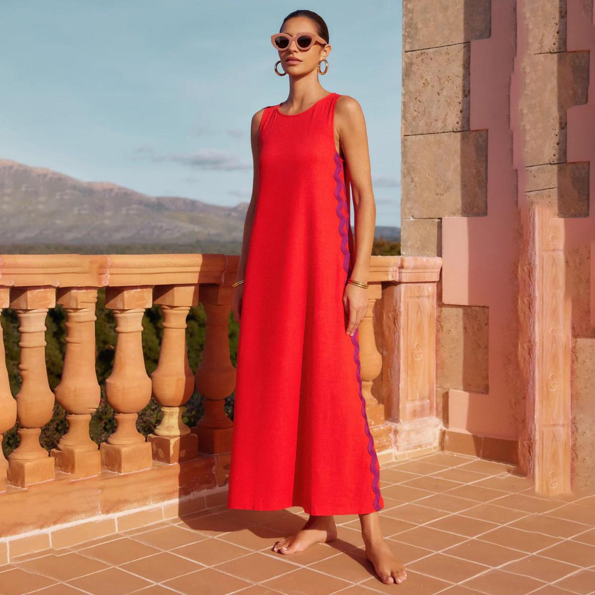 

Женское весеннее платье-жилет без рукавов, однотонное, с круглым вырезом, летнее, повседневное, длиной до щиколотки, со свободной талией, кружевное, с лоскутным узором, длинные платья S-XL XL красный