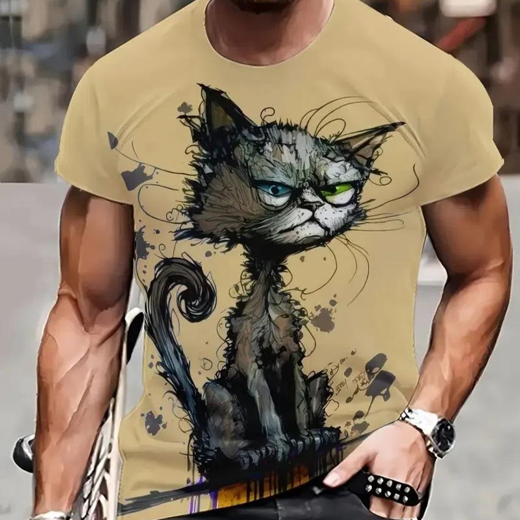 Summer Men's T Shirt Short Sleeve Animal Print Casual O-Neck Oversized Pullover Fashion Streetwear Male Clothing Cat T-Shirts