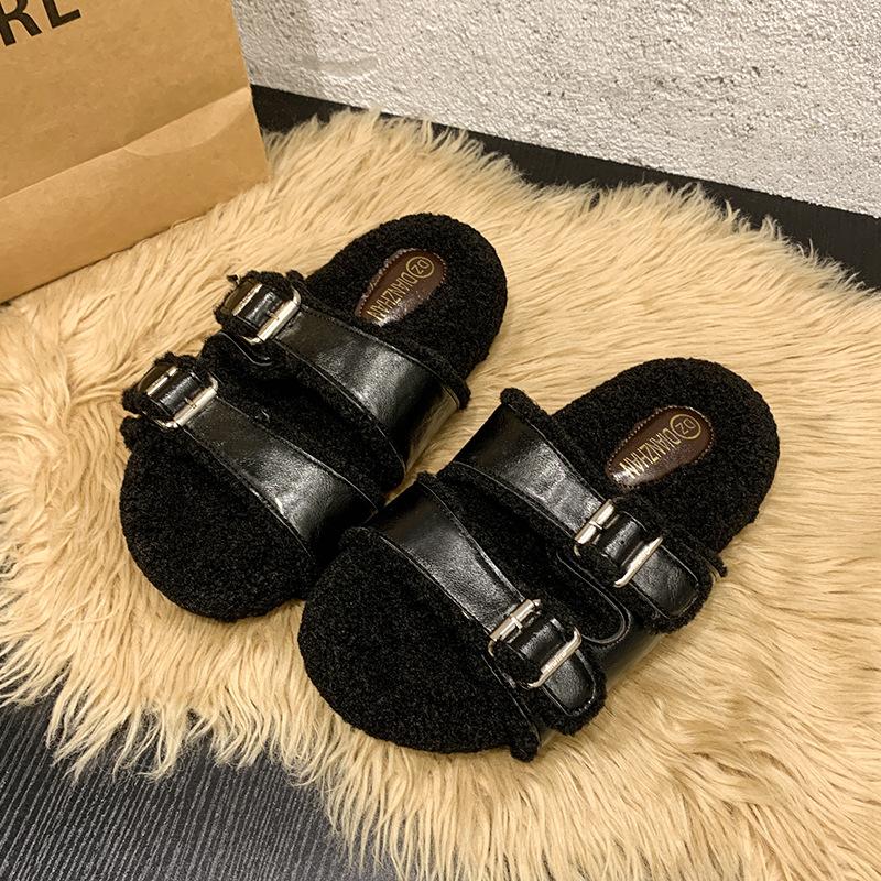 Platform-soled Boken shoes 2025 autumn and winter new Korean version of one-word fluffy slippers women wear flat-soled Boken velvet cotton shoes