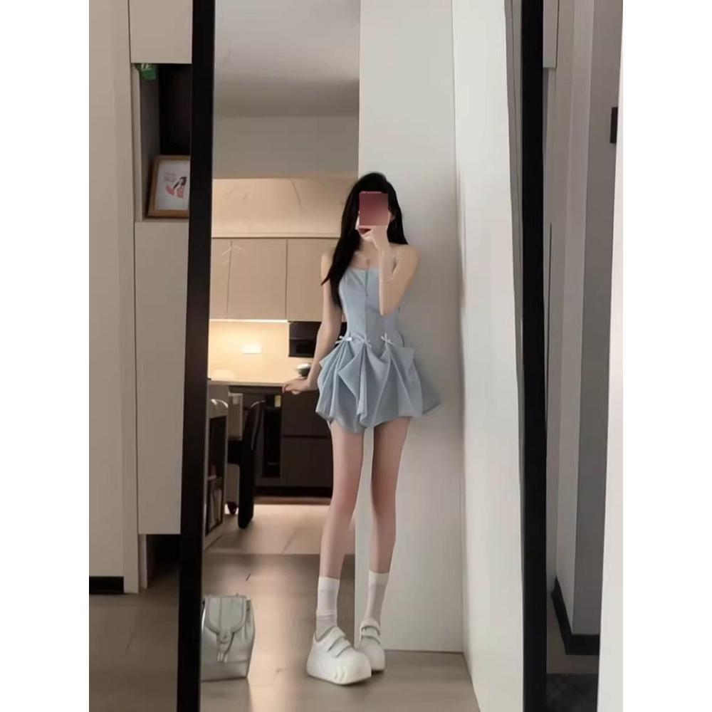Seaside Photo Beautiful Dress Women's Summer Beautiful Unique Waist Slim Bow Suspender Skirt A Word Short Skirt