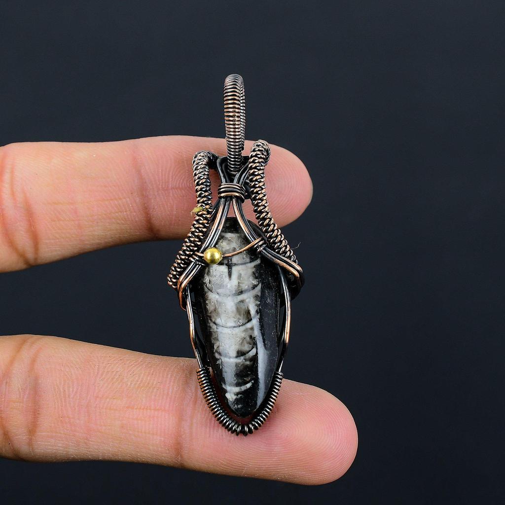 Orthoceras-Fossil-Edelstein, reiner Kupferdraht, umwickelt, handgefertigter Anhänger-Schmuck