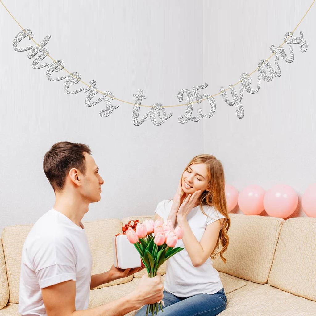 Glitter Silver Cheers to 25 Years Banner - 25th Birthday Sign Bunting 25th Marriage Anniversary Party Bunting Decorations