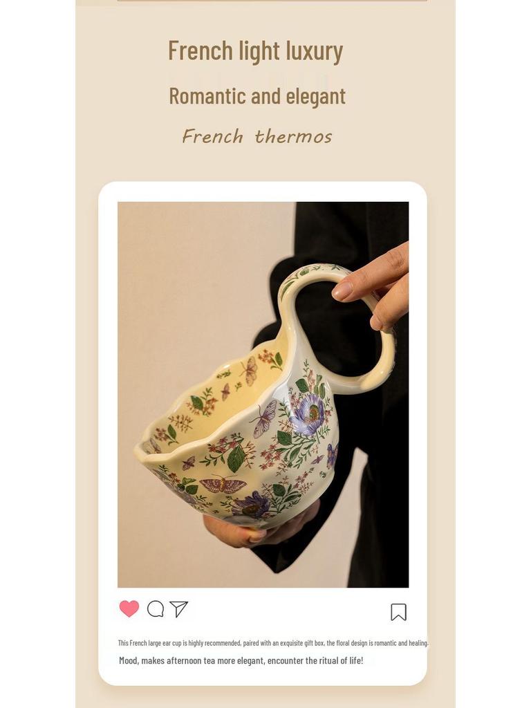 Ceramic Curved Handle Mug with Spoon and Saucer, Floral Design, Ideal for Breakfast, Oatmeal, Milk, Coffee.