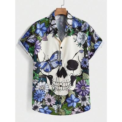Men's Casual Skull Floral Print Women's Short-sleeved Shirts Fashion Personalized Button Short-sleeved Tops
