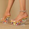 Fashion Sparkling Flower Heel 10CM Wedge Sandals Women's Crystal Bottom Flip Flops Night Club Dance