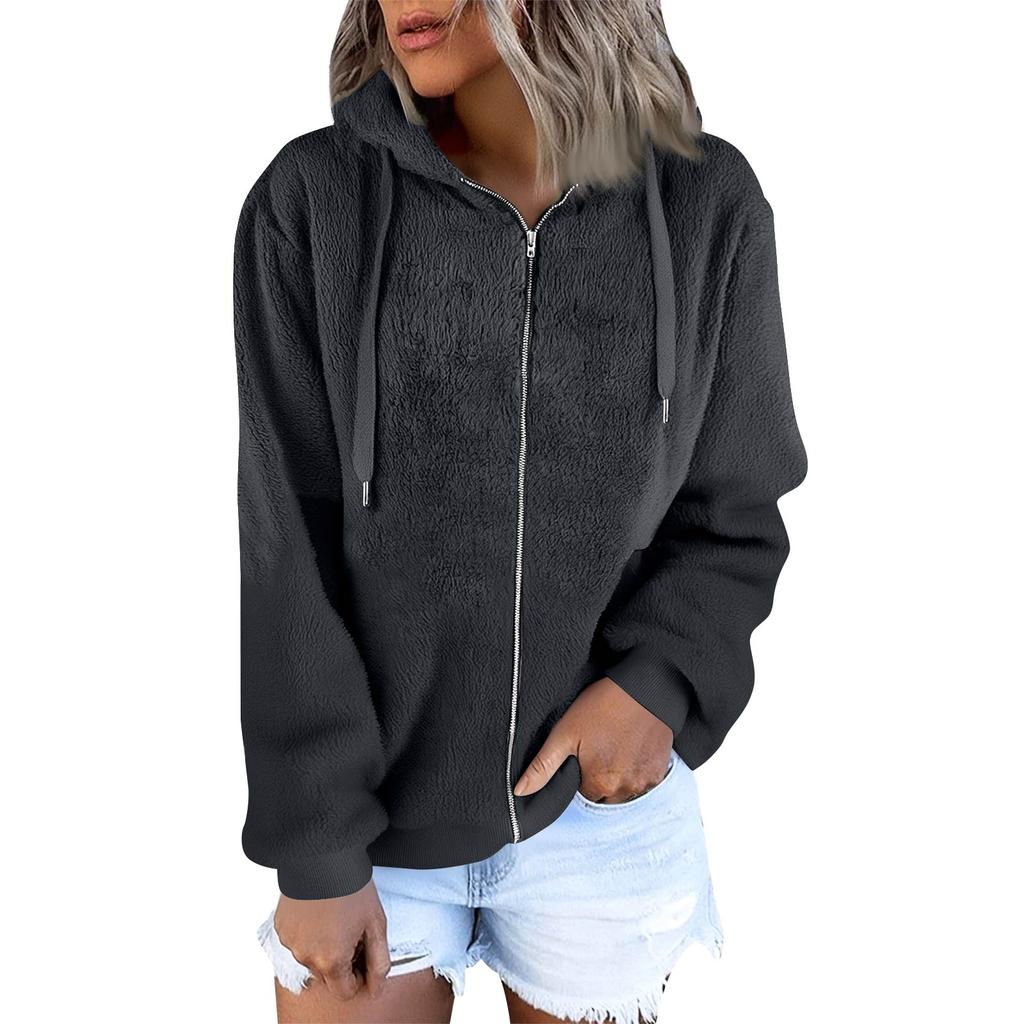 Felpa con cappuccio da donna alla moda calda in pile tinta unita con tasca con cerniera giacca casual