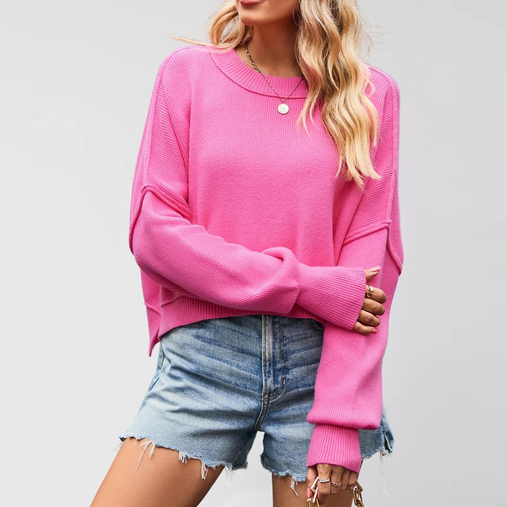 Women's Solid Striped Fashion Round Neck Knitwear Loose Pullover Sweater