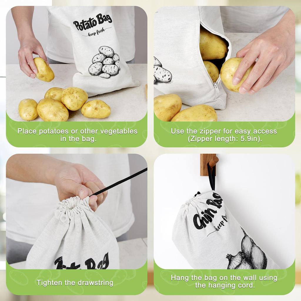 Reusable Onion Potatoes Storage Bag Large Drawstring Canvas Storage Bags With Side Zipper Keep Fresh Vegetable Fruit Organizer