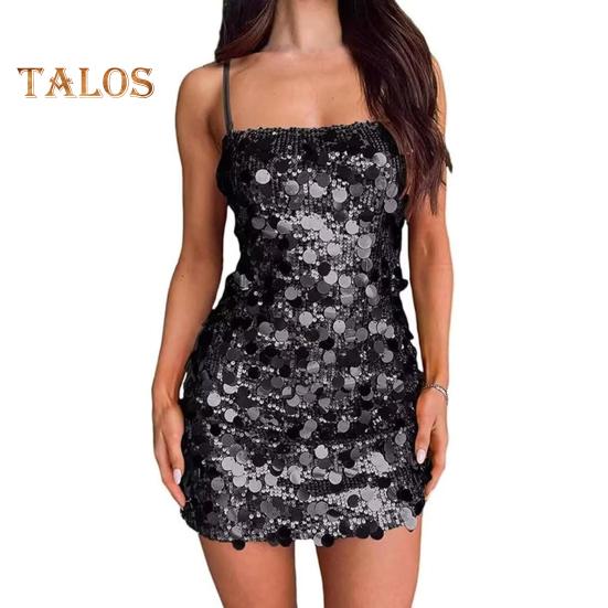 Sexy Sequin Bodycon Mini Dress for Women Spaghetti Strap Glitter Evening Dress Sleeveless Backless Sparkly Club Party Dress