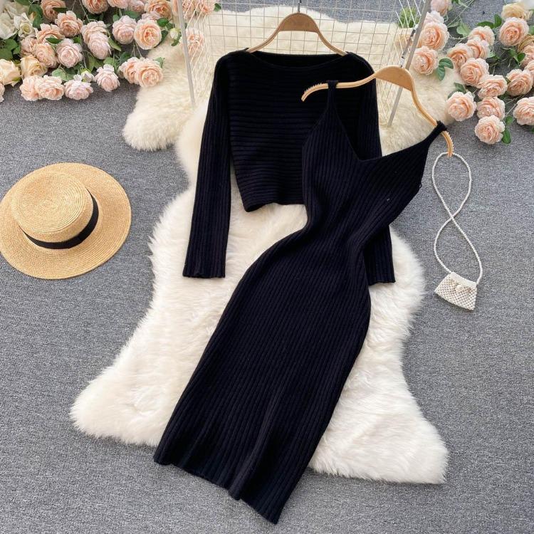 Women Autumn Winter Knit Set Slim Solid Color Two Piece All Match Crop Sweater Hip Dress For Ladies