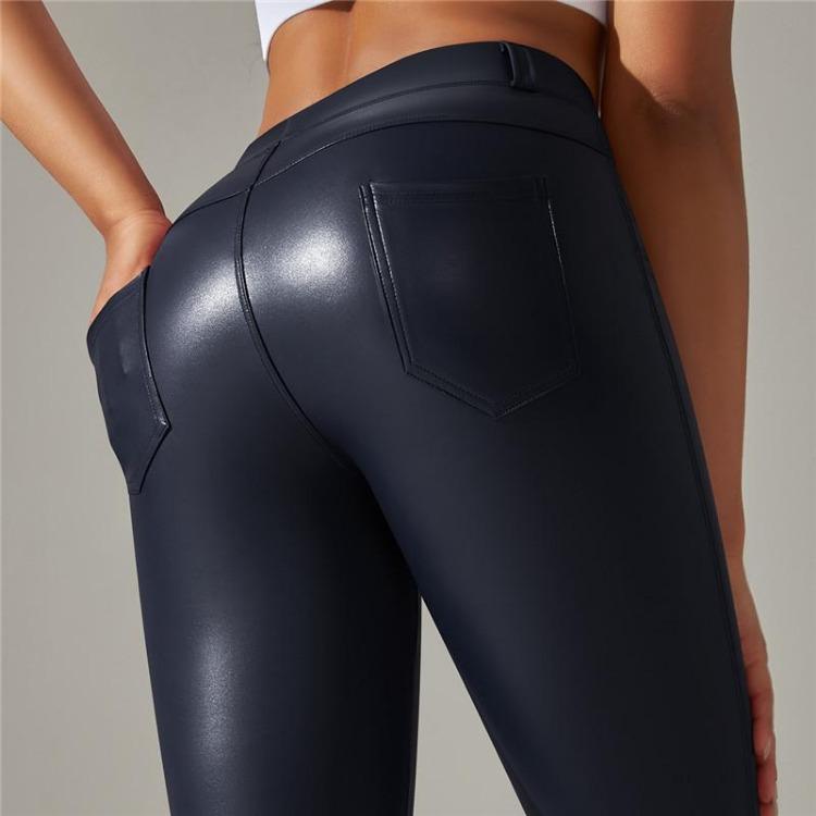Pantalon de Yoga d'Hiver Chaud en Cuir PU Couleur Unie Leggings de Gym avec Poches Vêtements de Sport et de Fitness