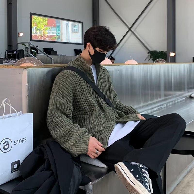 Men Stand Collar Zipper Loose Knit Cardigan Sweater Jacket