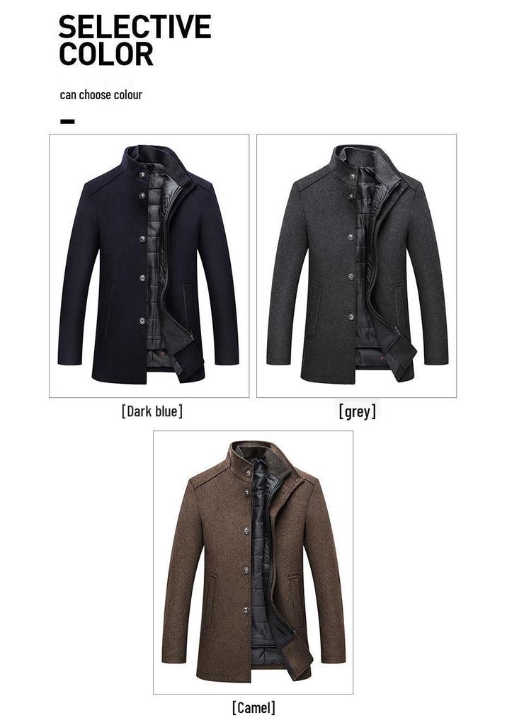 2026 Men's Woolen Stand Collar Jacket & Vest Set - Spring/Autumn Casual Solid Color Overcoat