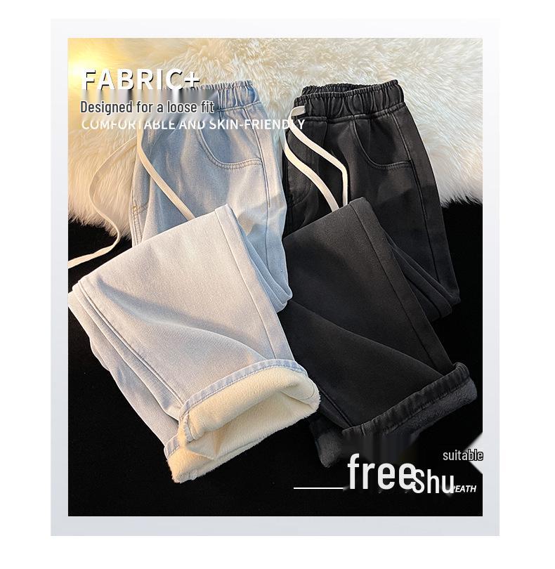 Women's Fleece-lined Straight-Leg Jeans, Petite Wide-Leg, Elastic Waist, Cotton, 2025 New Winter Style, Ideal for Autumn and Winter