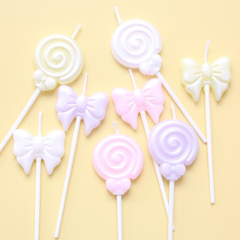 Single Bow Candle Beautiful Cake Decoration Plug-in Pink and White Cartoon Lollipop Birthday Candle