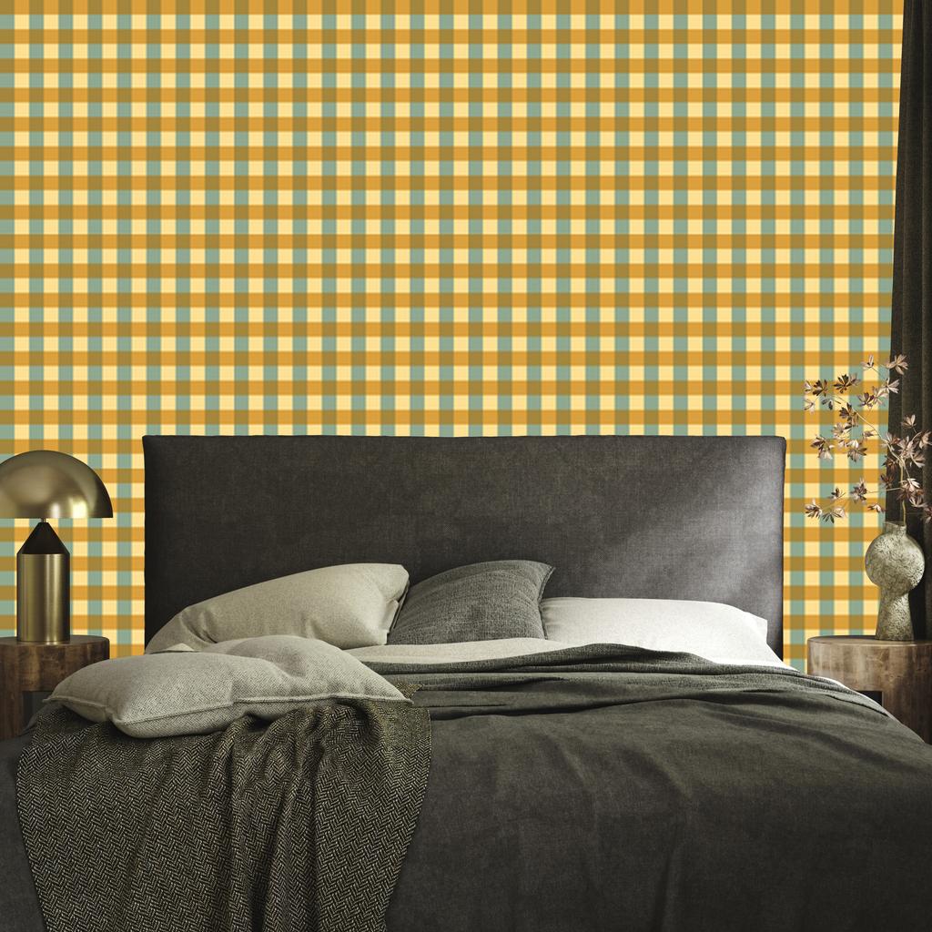 Yellow and Blue Checkered Wallpaper, Gold and Cream, for Living Room and Bedroom, 50x1000