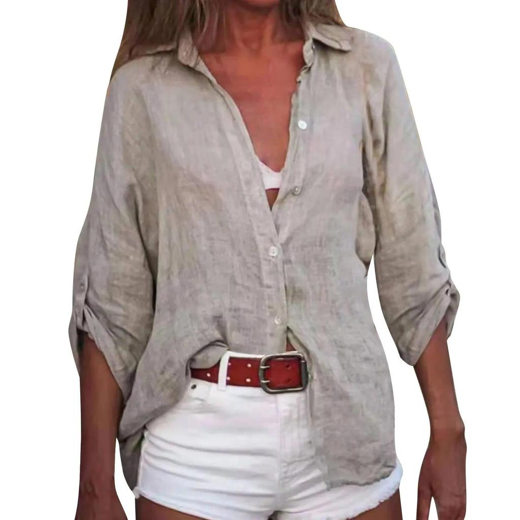 Women's Cotton and Linen Solid Color Loose-fitting Three-quarter Sleeve Shirt