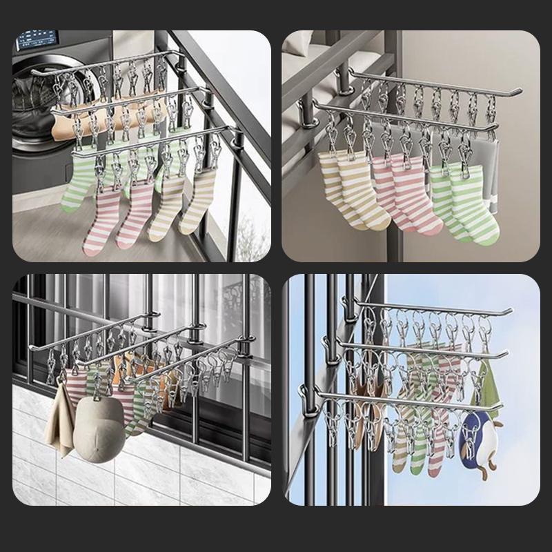 Stainless Steel Clothes Hanger Socks Rack Socks Drying Artifact Multifunctional Guardrail Clip-On Balcony Socks Rack Storage