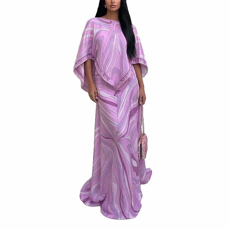 Women Abstract Print Kimono Sleeve Maxi Dress Slim Fit
