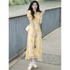 Tea Break French Campanula Retro Style Yellow Floral Chiffon Dress - Women's Summer Waist-Cinching Design