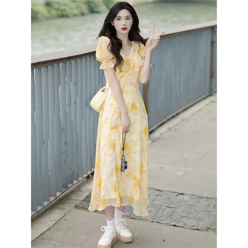 Tea Break French Campanula Retro Style Yellow Floral Chiffon Dress - Women's Summer Waist-Cinching Design
