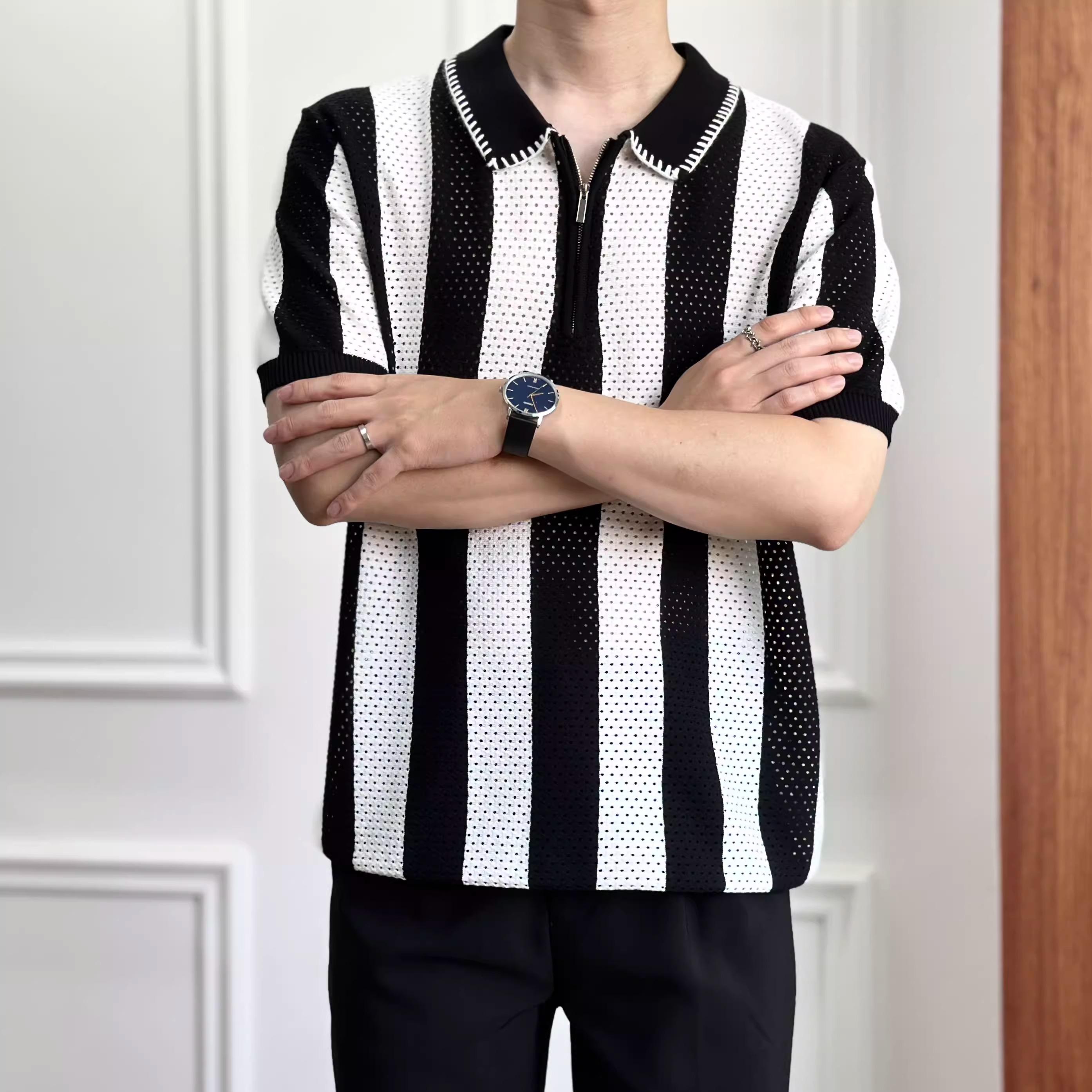 

Korean Style Hollow Mesh Color-Block Striped Polo Shirt for Men Summer Casual Knitted Polo Short Sleeve M чорний