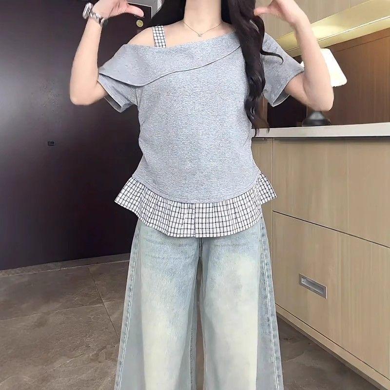 

Женская футболка с диагональными плечами и короткими рукавами, контрастный дизайн, летняя модная простая женская футболка-пуловер XXXL серый