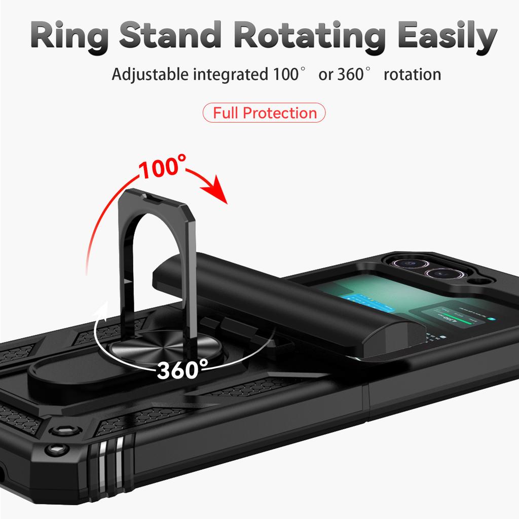 For Samsung Galaxy Z Flip 6 5 4 3 Case with Slide Lens Cover, 360° Magnetic Ring Kickstand Upgraded Military Grade Shockproof