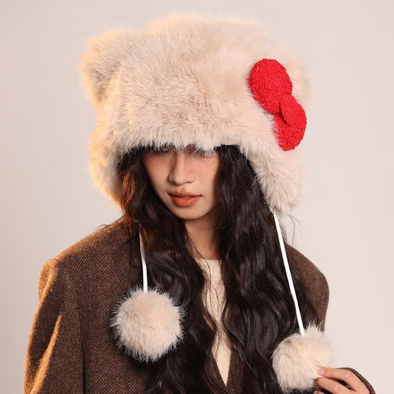 Red Bow Hat for Women Cute Animal Fashion Warm Plush Hat Autumn and Winter New Cartoon Ear Protection Lei Feng Hat