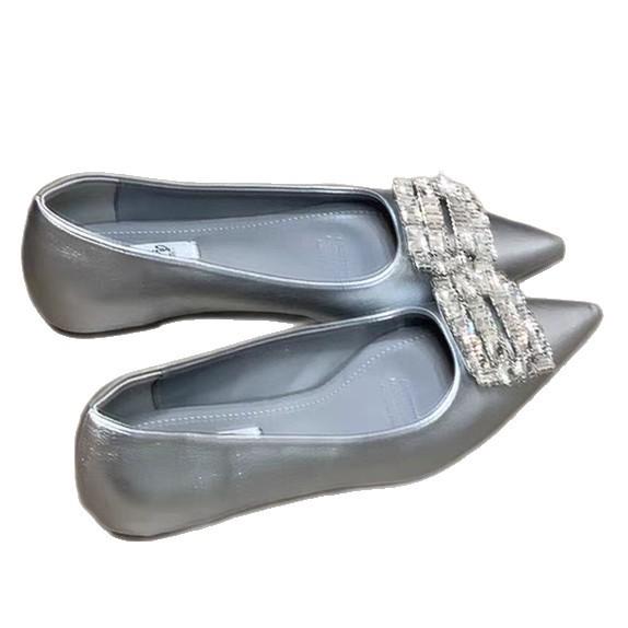 French Beautiful Fashion Inner Height Increase Versatile Evening Shoes Shallow Mouth Rhinestone Square Buckle Ladyshoes Pointed Temperament Commuter