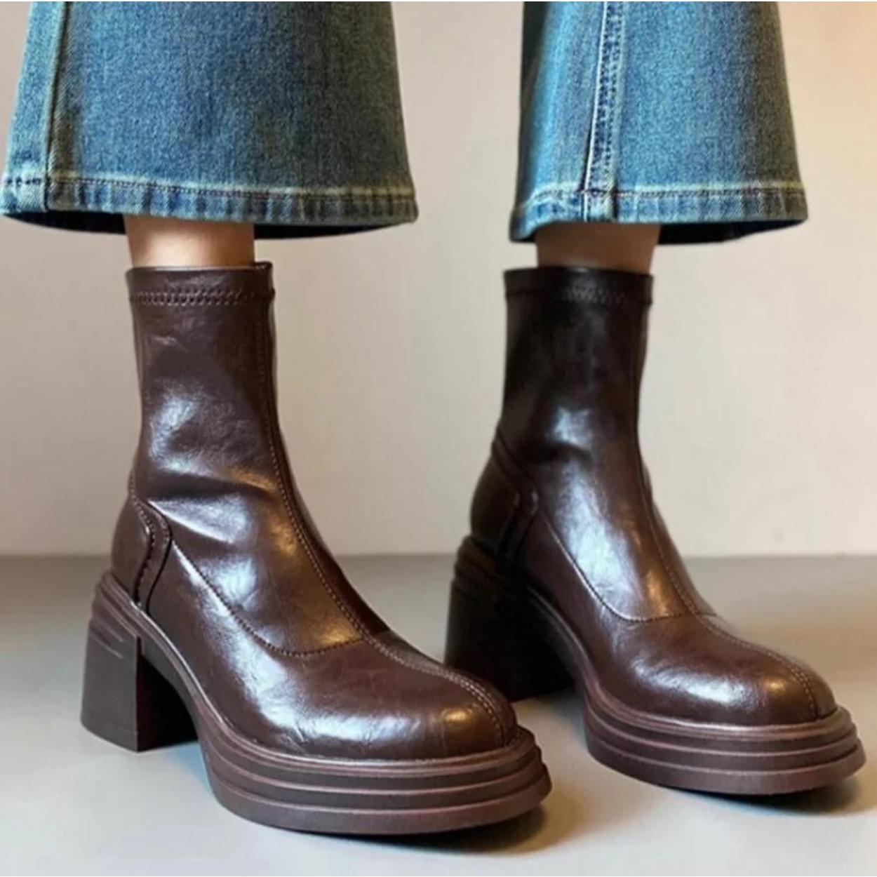 

Women Genuine Leather Stretch Modern Ankle Boots Fashion Thick Heel Shoes Concise Short Botas De Mujer Heel Height 6.5CM 35 коричневий