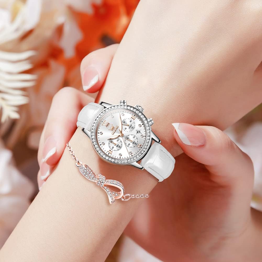 OLEVS Popular Leather Strap Quartz Watch with Bracelet Date Luminous Perfect Gift for Her Women's Set, Lightweight, Thin, Waterproof, Display, White,