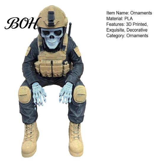 Military History Buff Gift Skeleton Hero Shelf Sitter Ornament, 3D Printed Soldier Figurine, Remembrance Sculpture Gothic Tactical Warrior Sitting