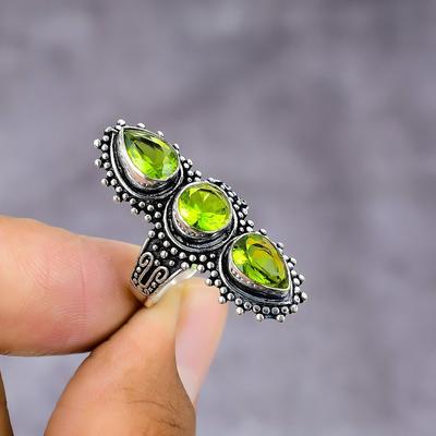 Přírodní peridotový drahokam Ručně vyrobený stříbro 925 Dárek Prsten Velikost 7 B5y93