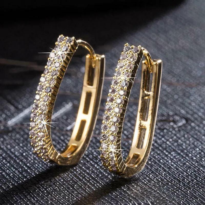 Huitan Fashion copper Color Cross Hoop Earrings for Women Full Crystal Cubic Zirconia Statement Female Earrings Trends Zircon