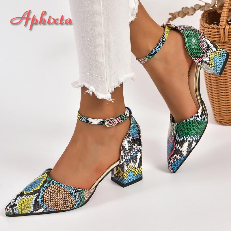 Fashion Aphixta 5cm 7cm Square Heel Summer Ankle Strap Pointed Toe Sandals Women Snake Prints Green Leather Open Shoes Pimp Plus Size 46