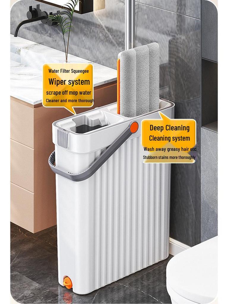 Kompaktes Wischmop- und Eimer-Set: Freihändiger Wasch- und Trocken-Flachmopp mit Schmalspalt-Schaber