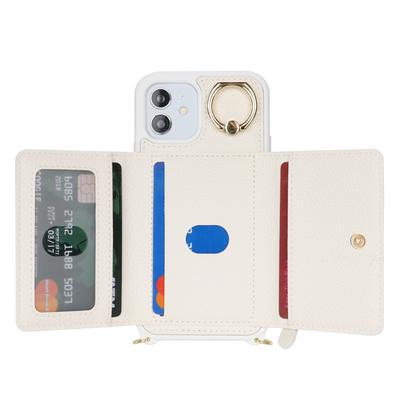 For iPhone 12/12 Pro Case Card Bag Ring Holder Litchi Texture Leather+TPU Phone Cover with Long Strap