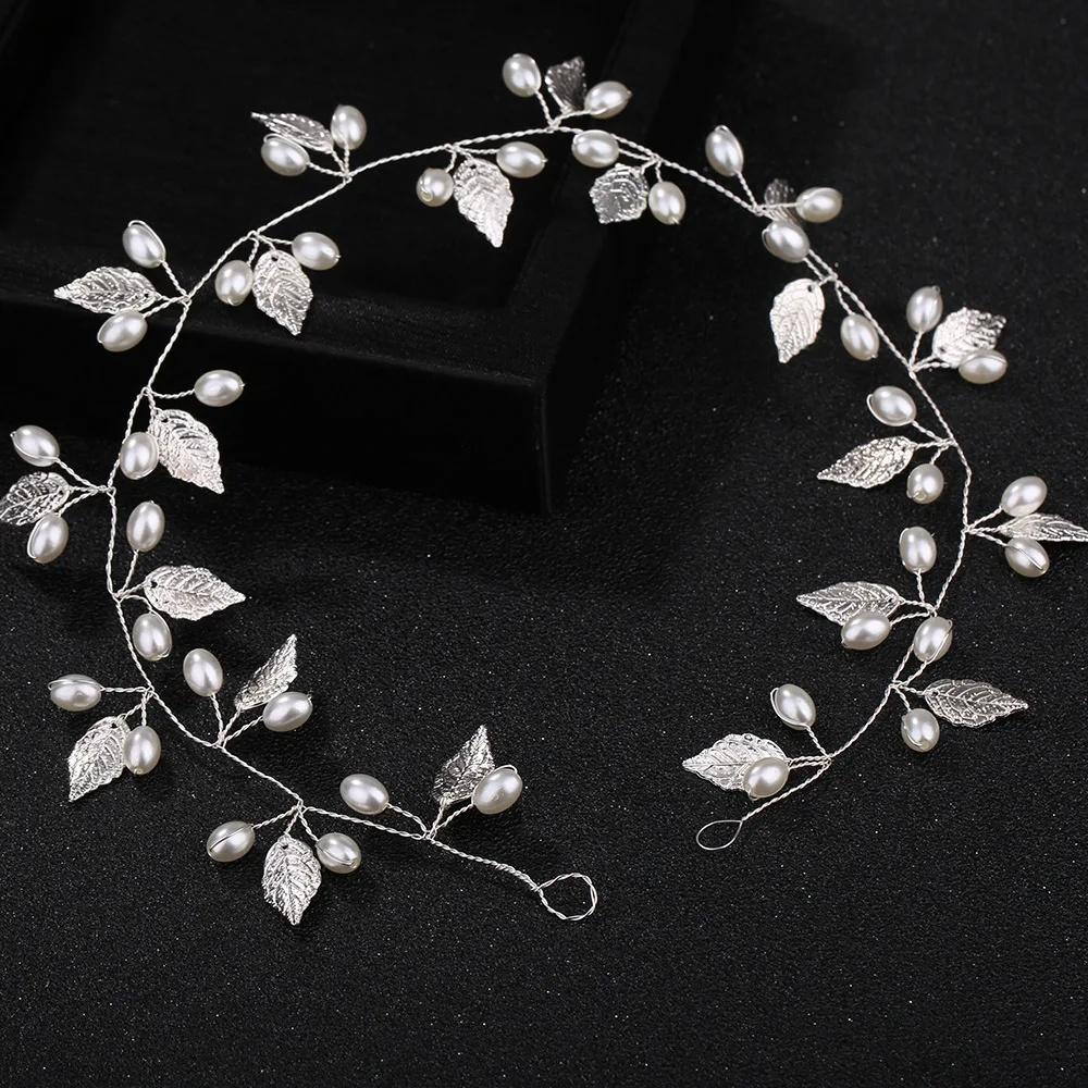Vintage Bridal Leaf Pearls Vine Headband Wedding Bide Hair Bands Fashion Handmade Hairbands Tiara Woman Hair Accessories