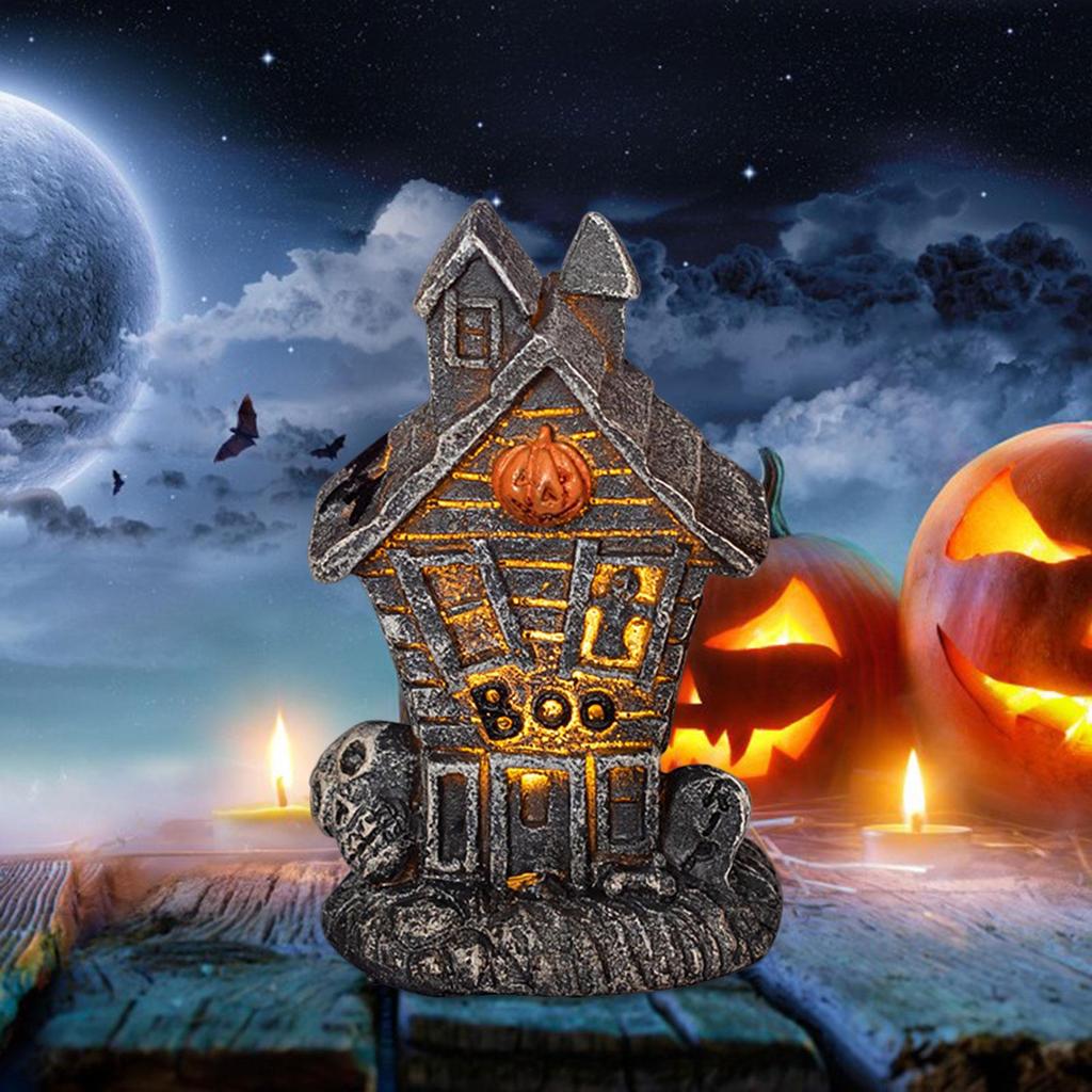 Mini Haunted House with Light Halloween Table Decoration Miniature Sculpture Ornament Lighted