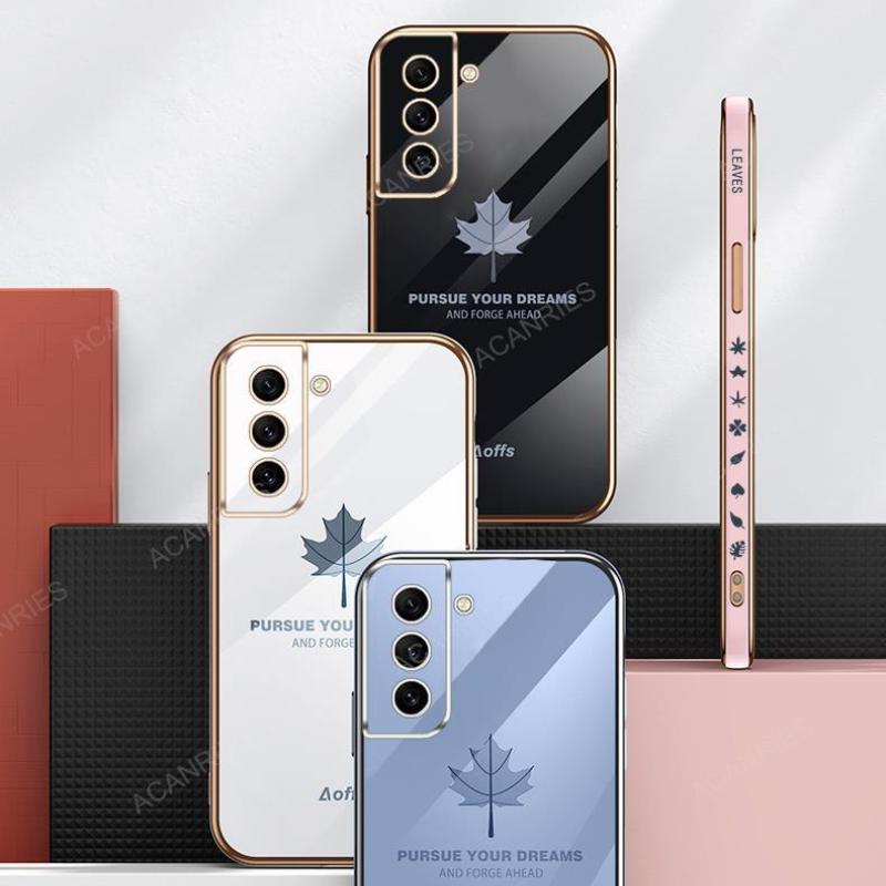 Luxusní obal z javorového listu Lanyard Plating pro Samsung Galaxy S23 Ultra S22 Plus S21 S20 Plus Ultra S21 FE S22 Plus měkký silikonový ochranný kryt objektivu